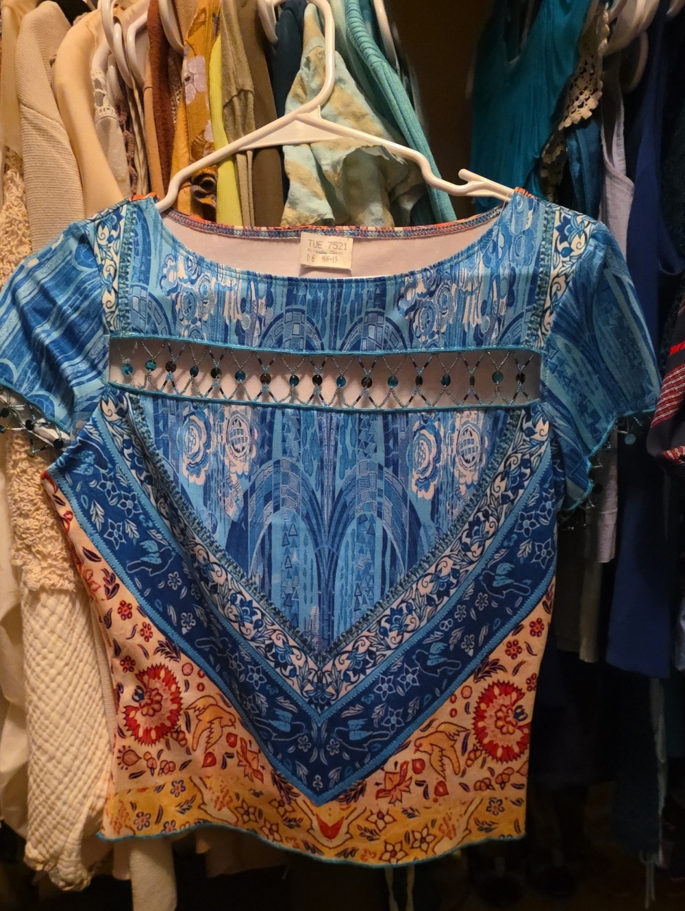 Blue Patterned Women’s Top with Accent Cutout